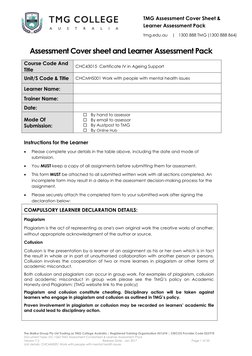 TMG Assessment Cover Sheet & 
Learner Assessment Pack 
 
tmg.edu.au    |   1300 888 TMG (1300 888 864) 
 
The Malka Group Pty