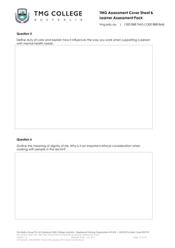 TMG Assessment Cover Sheet & 
Learner Assessment Pack 
 
tmg.edu.au    |   1300 888 TMG (1300 888 864) 
 
The Malka Group Pty