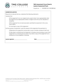 TMG Assessment Cover Sheet & 
Learner Assessment Pack 
 
tmg.edu.au    |   1300 888 TMG (1300 888 864) 
 
The Malka Group Pty