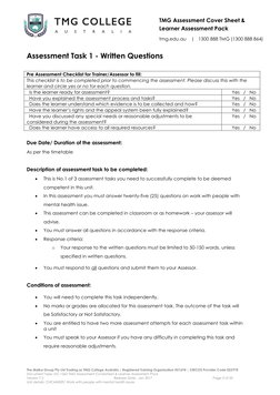 TMG Assessment Cover Sheet & 
Learner Assessment Pack 
 
tmg.edu.au    |   1300 888 TMG (1300 888 864) 
 
The Malka Group Pty