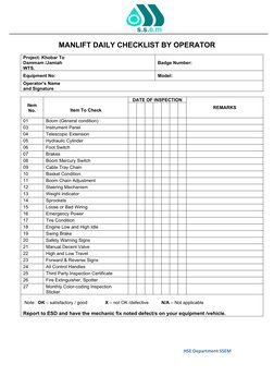 MANLIFT DAILY CHECKLIST BY OPERATOR
Project: Khobar To 
Dammam /Jamiah 
WTS.
Badge Number:
Equipment No:
Model:
Operator’s Na
