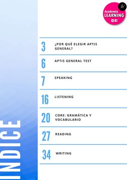 ÍNDICE
3
¿POR QUÉ ELEGIR APTIS
GENERAL?
APTIS GENERAL TEST
6
SPEAKING
LISTENING
CORE: GRAMÁTICA Y
VOCABULARIO
READING
7
16
20