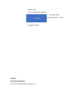 Eliminar el Hg
10mL de Sol Zimerman Reinhard
H2O hasta 150mL
Val: KMnO4 (Rosa, t: 30 seg)
V KMnO4=14.20mL
Cálculos:
DICROMATO