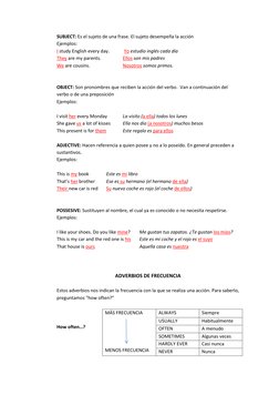 SUBJECT: Es el sujeto de una frase. El sujeto desempeña la acción 
Ejemplos:  
I study English every day. 
 Yo estudio inglés