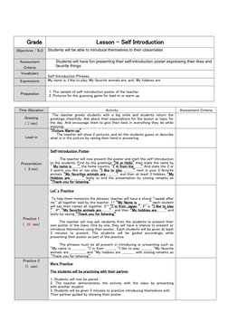 Grade
Lesson - Self Introduction    
                  
Objectives / ILO
Students will be able to introduce themselves t