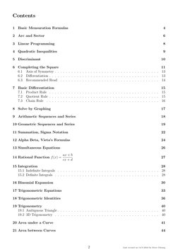 Contents
1
Basic Mensuration Formulas
4
2
Arc and Sector
6
3
Linear Programming
8
4
Quadratic Inequalities
9
5
Discriminant
1