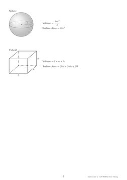 Sphere
r
Volume = 4πr3
3
Surface Area = 4πr2
Cuboid
l
w
h
Volume = l × w × h
Surface Area = 2lw + 2wh + 2lh
5
Last revised on