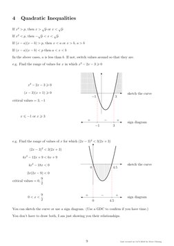 4
Quadratic Inequalities
If x2 > p, then x > √p or x < √p
If x2 < p, then −√p < x < √p
If (x −a)(x −b) > p, then x < a or x >