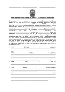 ________________  _____________________       ______________________
ACTA DE REGISTRO PERSONAL COMISO DE DROGAS Y ESPECIES
En