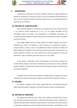MUNICIPALIDAD DISTRITAL DE PLATERIA
P.S.S.A. – GESTION 2019 - 2022
 
1.
DESCRIPCIÓN
Comprende la eliminación del material exc