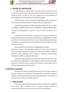 MUNICIPALIDAD DISTRITAL DE PLATERIA
P.S.S.A. – GESTION 2019 - 2022
 
5. MÉTODO DE CONSTRUCCIÓN
El responsable técnico, deberá