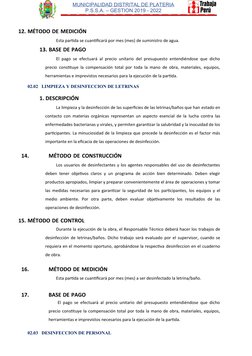 MUNICIPALIDAD DISTRITAL DE PLATERIA
P.S.S.A. – GESTION 2019 - 2022
 
12. MÉTODO DE MEDICIÓN
Esta partida se cuantificará por