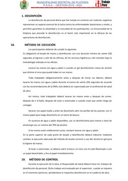 MUNICIPALIDAD DISTRITAL DE PLATERIA
P.S.S.A. – GESTION 2019 - 2022
 
1. DESCRIPCIÓN
La desinfección de personal diaria que ha
