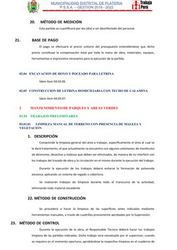 MUNICIPALIDAD DISTRITAL DE PLATERIA
P.S.S.A. – GESTION 2019 - 2022
 
20.
MÉTODO DE MEDICIÓN
Esta partida se cuantificará por