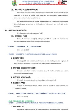 MUNICIPALIDAD DISTRITAL DE PLATERIA
P.S.S.A. – GESTION 2019 - 2022
 
29. MÉTODO DE CONSTRUCCIÓN:
De acuerdo a las instruccion