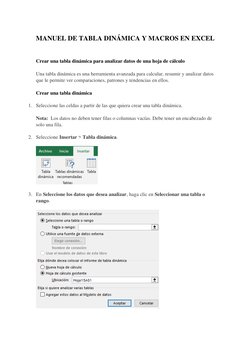 MANUEL DE TABLA DINÁMICA Y MACROS EN EXCEL 
 
Crear una tabla dinámica para analizar datos de una hoja de cálculo  
Una tabla