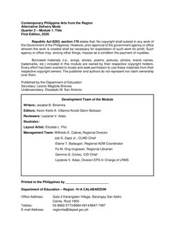 Contemporary Philippine Arts from the Region 
Alternative Delivery Mode 
Quarter 2 – Module 1: Title 
First Edition, 2020