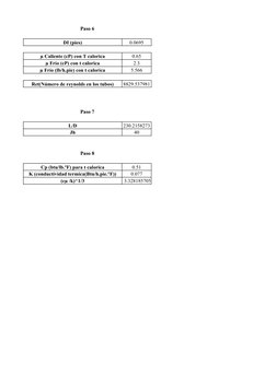 Paso 6
DI (pies)
0.0695
µ Caliente (cP) con T calorica
0.65
µ Frío (cP) con t calorica
2.3
µ Frío (lb/h.pie) con t calorica
5