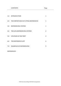 TAR University College APA Referencing System 
CONTENTS  
  
 
 
 
 
 
Page 
 
 
1.0 
INTRODUCTION 
1 
 
2.0 
THE IMPORTANC