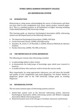 TAR University College APA Referencing System 
1 
TUNKU ABDUL RAHMAN UNIVERSITY COLLEGE 
 
APA REFERENCING SYSTEM 
 
 
1.0