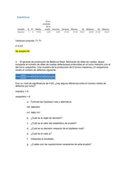 Varianza conjunta: 71.71 
t=-0.23 
Se acepta H0 
 
3.      El gerente de producción de Bellevue Steel, fabricante de sillas d