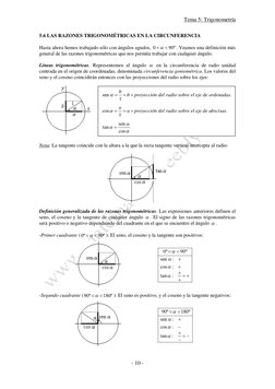 Tema 5: Trigonometría 
 
 
- 10 -
5.6 LAS RAZONES TRIGONOMÉTRICAS EN LA CIRCUNFERENCIA 
 
Hasta ahora hemos trabajado sól
