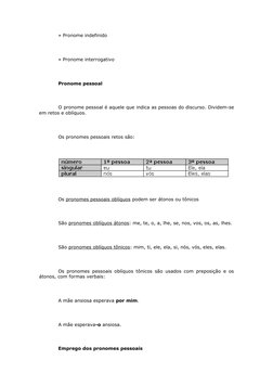 » Pronome indefinido
 
» Pronome interrogativo
 
Pronome pessoal
 
O pronome pessoal é aquele que indica as pessoas do discur