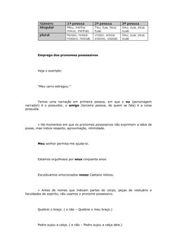  
Emprego dos pronomes possessivos
 
Veja o exemplo:
 
“Meu carro estragou.”
 
Temos  uma  narração  em  primeira  pessoa,  e