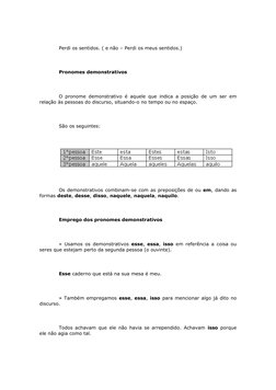  
Perdi os sentidos. ( e não – Perdi os meus sentidos.)
 
Pronomes demonstrativos
 
O pronome demonstrativo é aquele que indi