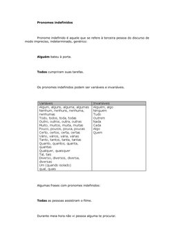 Pronomes indefinidos
 
Pronome indefinido é aquele que se refere à terceira pessoa do discurso de
modo impreciso, indetermina