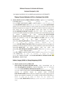 Defensa Francesa: la Variante del Avance
Variante Principal 6...Ch6
Las negras maniobran con su caballo para presionar en d4
