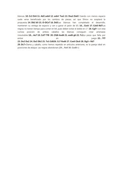 blancas. 10. Cc3 Dc6 11. Ad2 axb4 12. axb4 Txa1 13. Dxa1 Da6El bando con menos espacio
suele  verse  beneficiado  por  los  c