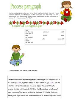A process paragraph describes how to the things step-by-step. First, you write a topic
sentences that states what the process