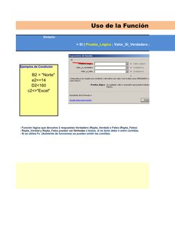Uso de la Función SI( )
 =SI (CONDICION , EXP V, EXP F)
Ejemplos de Condición
        B2 = "Norte"
e2>=14
D2<160
c2<>"Excel"
