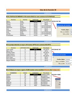 Uso de la función SI
EJERCICIO 1
Nombre
Distrito
PUNTAJE
Resultado
Maria
Lima
175.00
ALTO PUNTAJE =IF(C8<165,"BAJO","ALTO PUN