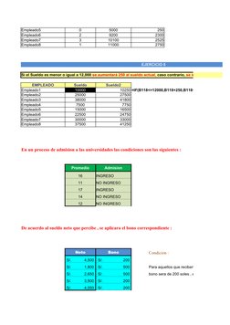 Empleado5
0
5000
250
Empleado6
2
9200
2300
Empleado7
3
10100
2525
Empleado8
1
11000
2750
EJERCICIO 8
EMPLEADO
Sueldo
Sueldo2