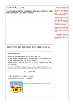 - ATIVIDADE AO AR LIVRE. 
 
- EM UM LOCAL ABERTO DA ESCOLA, OBERVE COMO ESTÁ O CÉU 
E REGISTRE POR MEIO DE DESENHOS.