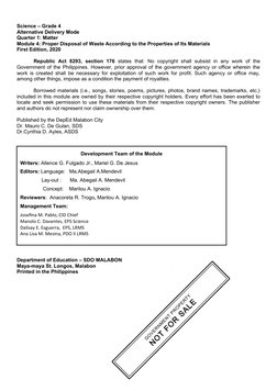 Science – Grade 4
Alternative Delivery Mode
Quarter 1: Matter
Module 4: Proper Disposal of Waste According to the Properties