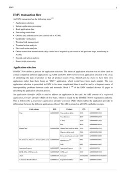EMV
3
EMV transaction flow
An EMV transaction has the following steps:[3]
•
Application selection
•
Initiate application proc