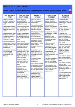 SPECIALIST / TEAM LEADER 
 
Leads others through specialist knowledge or through supervising a team 
 
PUT PATIENTS 
FIRST