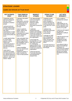 Values and Behaviours Framework 
4 
© September 2012 Guy’s and St Thomas’ NHS Foundation Trust 
STRATEGIC LEADER 
 
Leads a