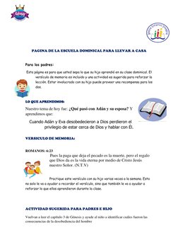 PAGINA DE LA ESCUELA DOMINICAL PARA LLEVAR A CASA 
 
Para los padres: 
 Esta página es para que usted sepa lo que s