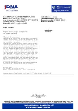 Nome: STEPHANY BEATRYS BARBOSA VALENTIN
Idade: 22 anos e 4 meses
Médico: CINTIA S BERTGES FRANCO
Data de Atendimento: 05/10/2