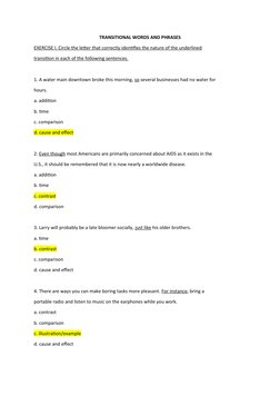 TRANSITIONAL WORDS AND PHRASES
EXERCISE I. Circle the letter that correctly identifies the nature of the underlined
transitio