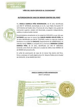 “AÑO DEL BUEN SERVICIO AL CIUDADANO”
AUTORIZACION DE VIAJE DE MENOR DENTRO DEL PERÚ
Yo,  ANGELA GABRIELA PEÑA MONDRAGON, de 4