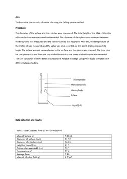Aim:
To determine the viscosity of motor oils using the falling sphere method.
Procedure:
The diameter of the sphere and the