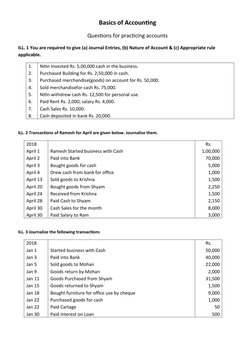 Basics of Accounting
Questions for practicing accounts
ILL. 1 You are required to give (a) Journal Entries, (b) Nature of Acc