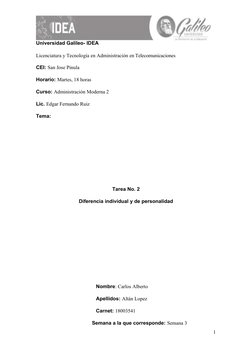 1
Universidad Galileo- IDEA
Licenciatura y Tecnología en Administración en Telecomunicaciones 
CEI: San Jose Pinula
Horario: