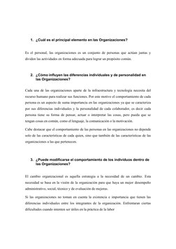 1. ¿Cuál es el principal elemento en las Organizaciones?
Es el personal, las organizaciones es un conjunto de personas que ac