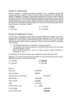 Problem 27-7: (Equity Swap)
Monkey  Company  is  experiencing  financial  difficulty  and  is  negotiating  trouble  debt
res